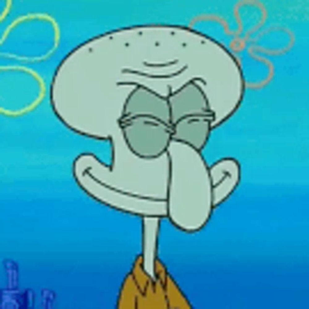 squidward from spongebob squarepants is smiling with his eyes closed and his tongue sticking out .