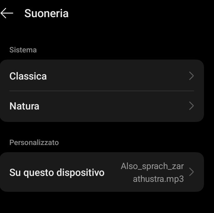 Screenshot delle impostazioni con la suoneria impostata ad Also Sprach Zarathustra 