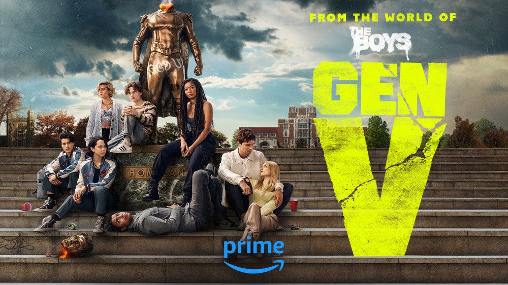 Gen V Show Art with the main cast of the show sitting on steps in front of a decapitated statue.
"From the World of the Boys Gen V"