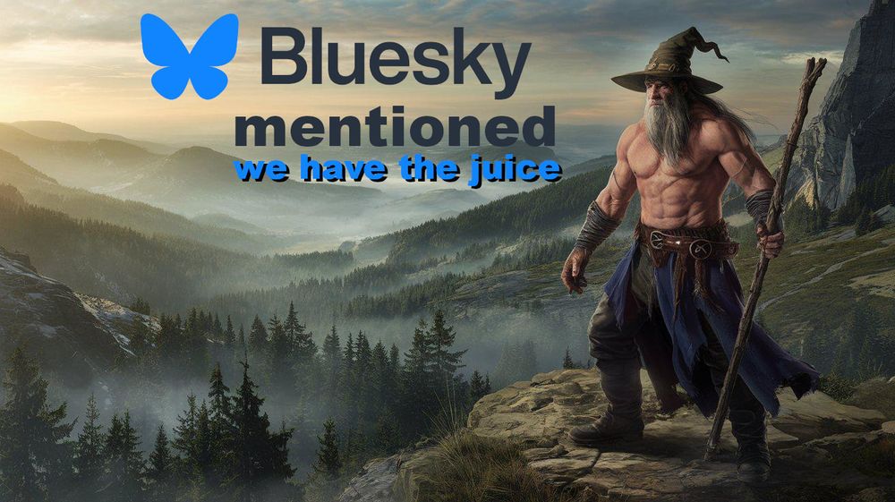 A shirtless and very buff wizard standing on a  rock above a forest valley with the text "Bluesky mentioned we have the juice."