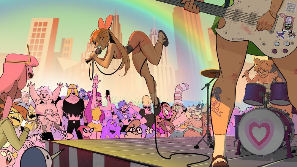 Fan art by Philtomato of the older Powerpuff girls, now in a band performing for various other Cartoon Network characters.