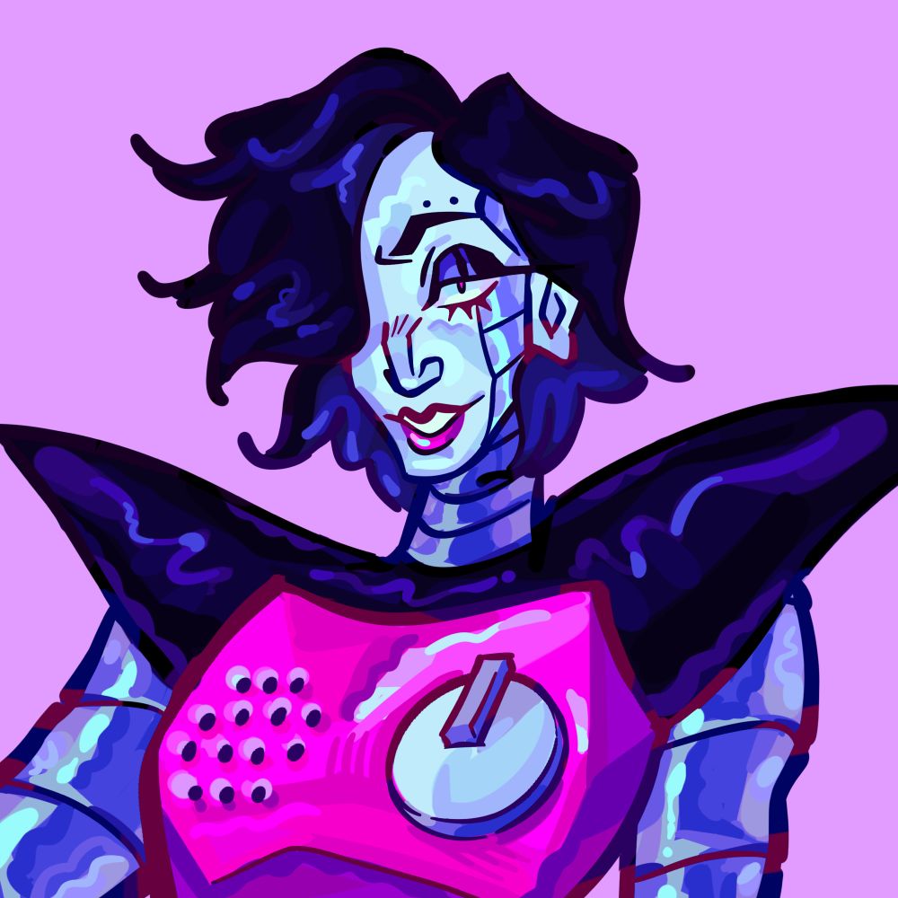 A colored picture of Mettaton EX. He has a sultry expression, his eyelid lowered and a small smug smile on his face. 