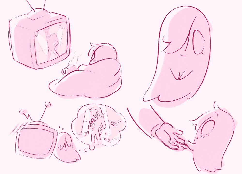 Mettaton is in his ghostly, non robotic form. He is in several poses; wrapped up in a blanket watching a performance on TV (implied to be Tenna in his overworld form), asleep on to the TV with a dream bubble imagining himself on stage, and looking up as he takes a hand, it’s owner not in sight. 