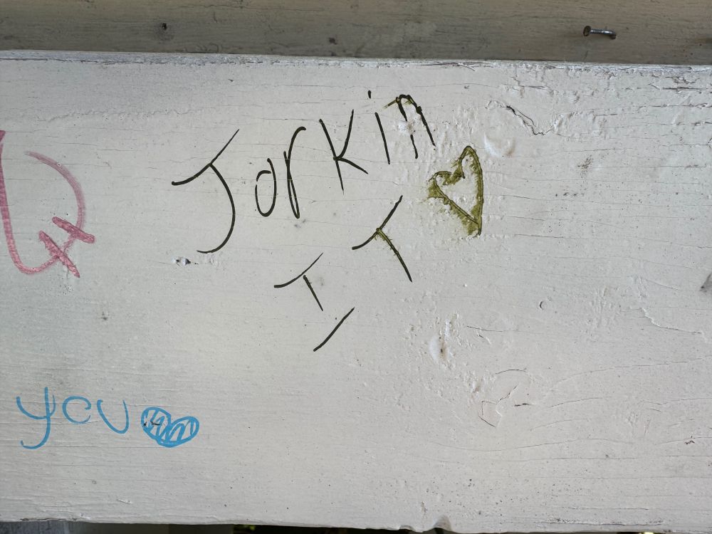 the words "jorkin it" and a heart left on a public bench in a tiny town