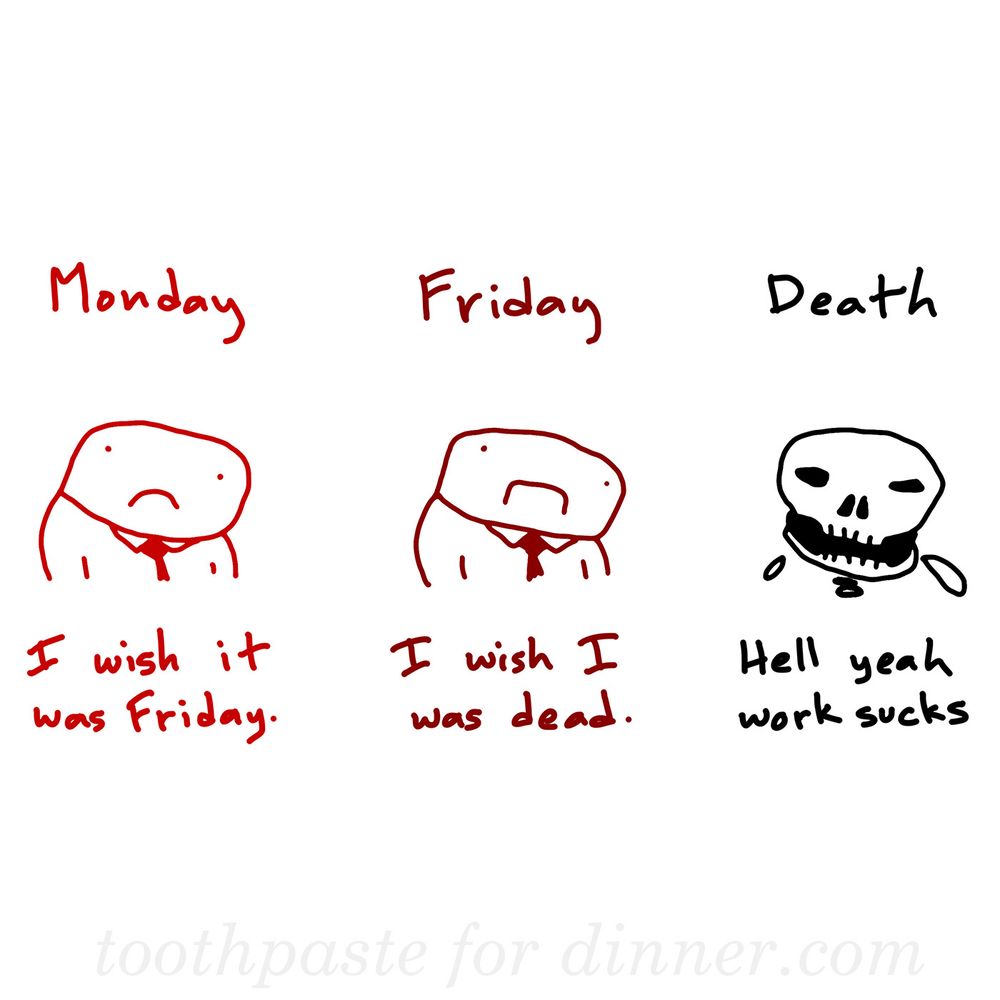 Monday: I wish it was Friday.
Friday: I wish I was dead.
Death: Hell yeah work sucks