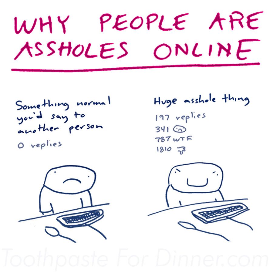 why people are assholes online:
something normal you'd say to another person 0 replies
huge asshole thing
197 replies
341 :( 
787 WTF
1810 thumbs down