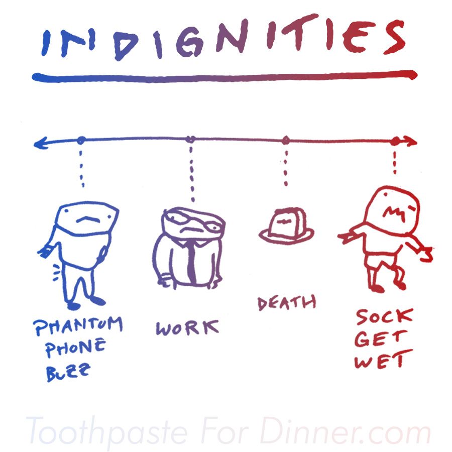 indignities, from least to most:
phantom phone buzz, work, death, sock get wet