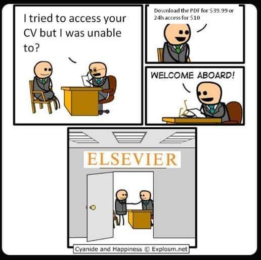 A three-panel Cyanide & Happiness comic. Panel 1 shows a person telling another they couldn’t access their CV. Panel 2 offers to sell the CV for $39.99 or $10 for 24-hour access. Panel 3 shows the first person entering the Elsevier building 