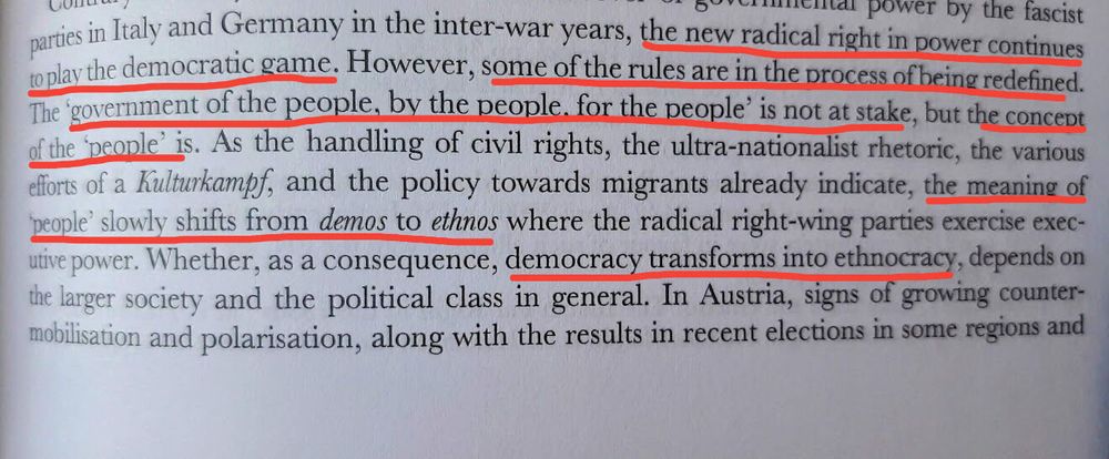 A screenshot of a paragraph from an article by Michael Minkenberg, in which he argues that the radical right in office tries to transform democracy into ethnocracy by changing the meaning of "people"