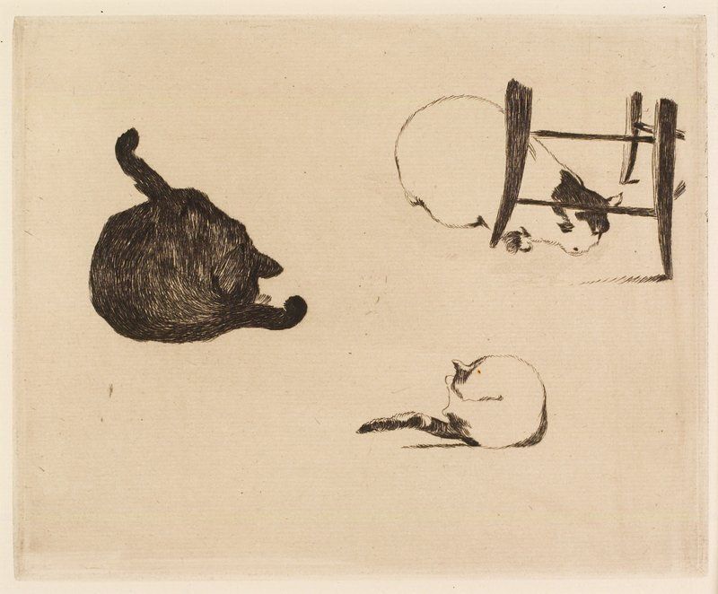 Edouard Manet was an early admirer of Japanese art. He was drawn to the static nature of the compositions and flatness of the picture planes. He also responded to the popularity of cats as subjects in Japanese art. In this group of isolated felines, Manet captured the essential feline personality of each animal with minimal modeling and without an unnecessary line, much in the manner of Hokusai's Manga.