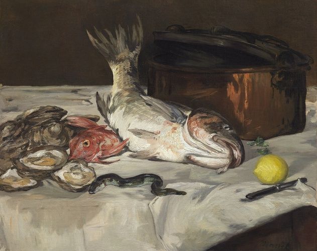 Although still-life ensembles were an important element in many of the major paintings of the avant-garde artist Édouard Manet, his most sustained interest in the genre itself was from 1864 to 1865, when Fish was painted. Manet’s focus on still lifes coincided with the gradual reacceptance of the genre during the nineteenth century, due in part to the growth of the middle class, whose tastes ran to intimate, moderately priced works. This painting, like many of Manet’s still-life compositions, recalls seventeenth-century Dutch models. The directness of execution, bold brushwork, and immediacy of vision displayed in the canvas, however, suggest why the public found Manet’s work so unorthodox and confrontational. While Fish is indeed an image of “dead nature” (nature morte is the French term for still life), there is nothing still about the work: the produce seems fresh and the handling of paint vigorous. Further enliven-ing the composition is the placement of the carp, which offsets the strong diagonal of the other elements. Manet never submitted his still lifes to the official French Salon but rather sold them through the burgeoning network of art galleries in Paris and gave them to friends.

Mr. and Mrs. Lewis Larned Coburn Memorial Collection