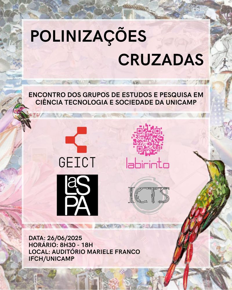 Cartaz do evento "Polinizações Cruzadas". O cartaz é majoritariamente feito em tons rosados com a imagem estilizada de dois beija-flores em cantos opostos. Quanto ao conteúdo, lê-se: Polinizações Cruzadas - Encontro dos grupos de Estudos e Pesquisa em Ciência Tecnologia e Sociedade da Unicamp. Abaixo os logos dos grupos de pesquisa GEICT, Labirinto, Laspa e ICTS. Abaixo as informações do evento. Data: 26/06/2025. Horário: 8h30 - 18h. Local: Auditório Mariele Franco. IFCH/Unicamp.