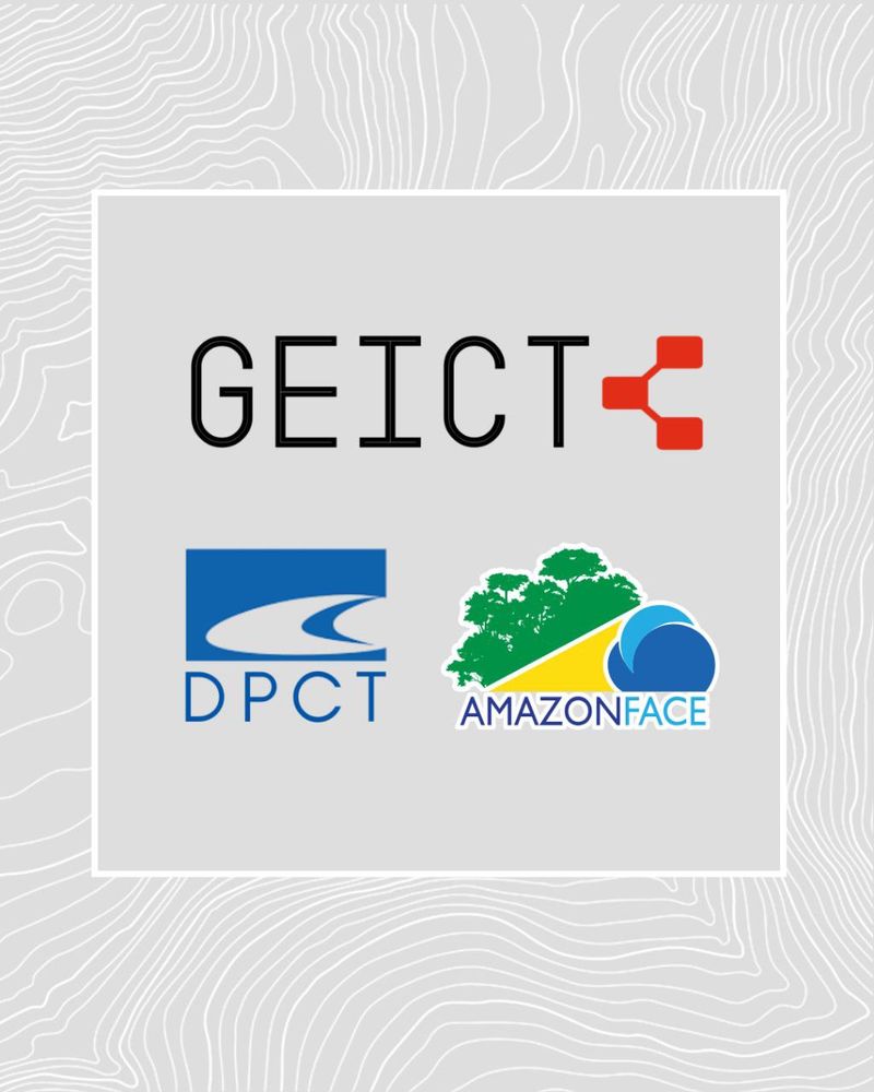 Imagem majoritariamente cinza contendo os logos do GEICT, do Departamento de Política Científica e Tecnológica e do projeto AmazonFACE.