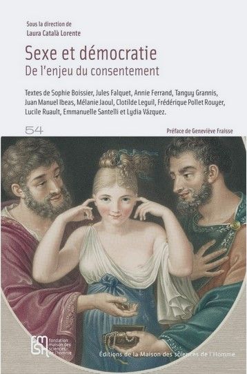 Couverture du livre avec un tableau représentant une femme sein dénudé entre deux hommes qui s'échangent des biens. Intitulé Ni l'un ni l'autre (Paris, 1808)