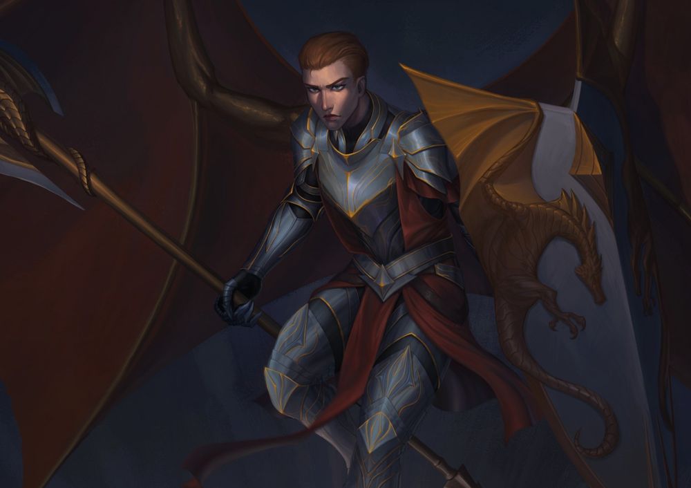 A painted illustration of a dragon-winged Aasimar. Her wings are flared open, and she carries a dragon themed shield and halberd. 