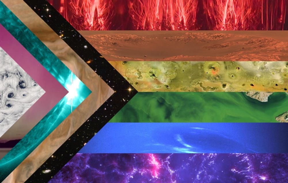 A progress pride flag made up of NASA images, created by someone at NASA during the Nearly Sane Era.