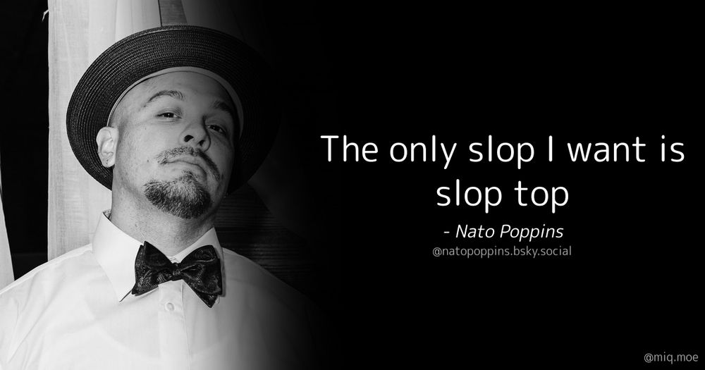 Generated by Make it a Quote
User: natopoppins.bsky.social
Content: The only slop I want is slop top