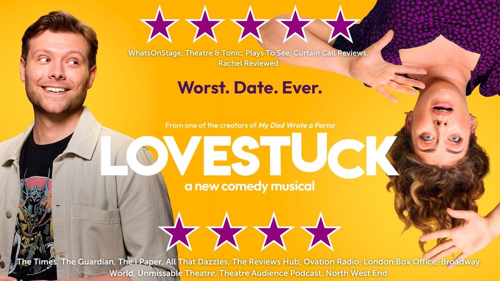 A woman is upside down and a man looks at her charmingly. Lovestuck is written in the middle with 5 stars above and 4 stars below. 