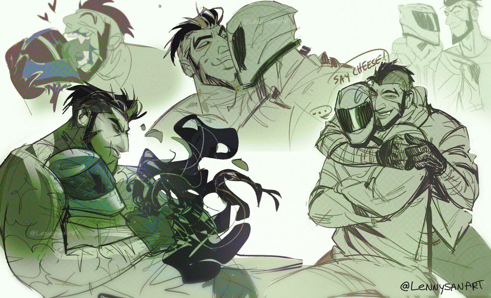 2023 art collage of two men(one bearded n one w a motorcycle helmet) hugging and kissing in sketchwork, bottom left has one man holding the other while worms come out his chest. Another they are both posing for a photo with the Biker turning away from camera.