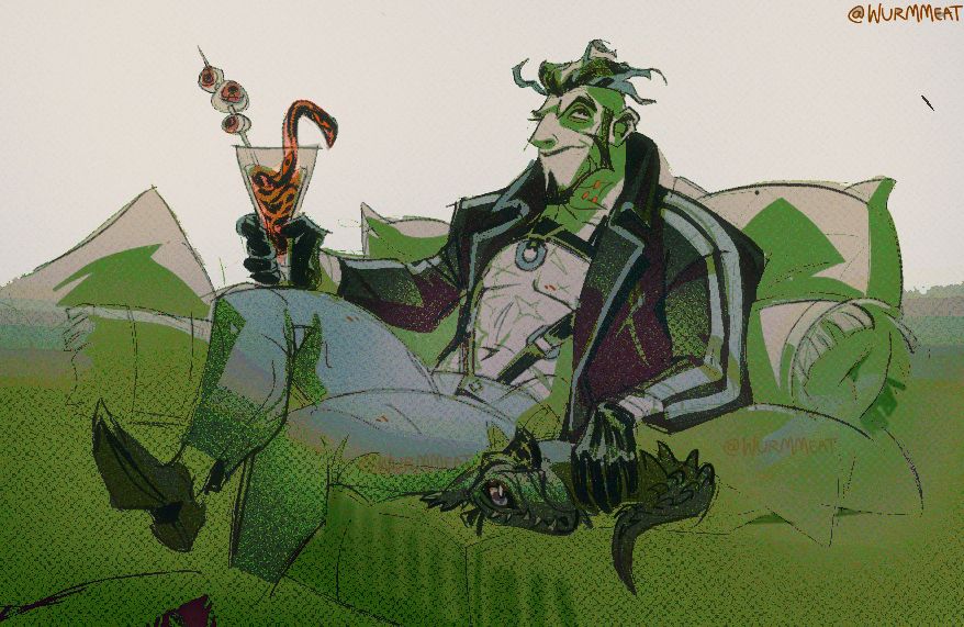 Simple doodle of Artyom sitting on a couch, He's holding a drink and petting Tire the croc. Ryker worm is in the glass alongside some eyeballs watching him.