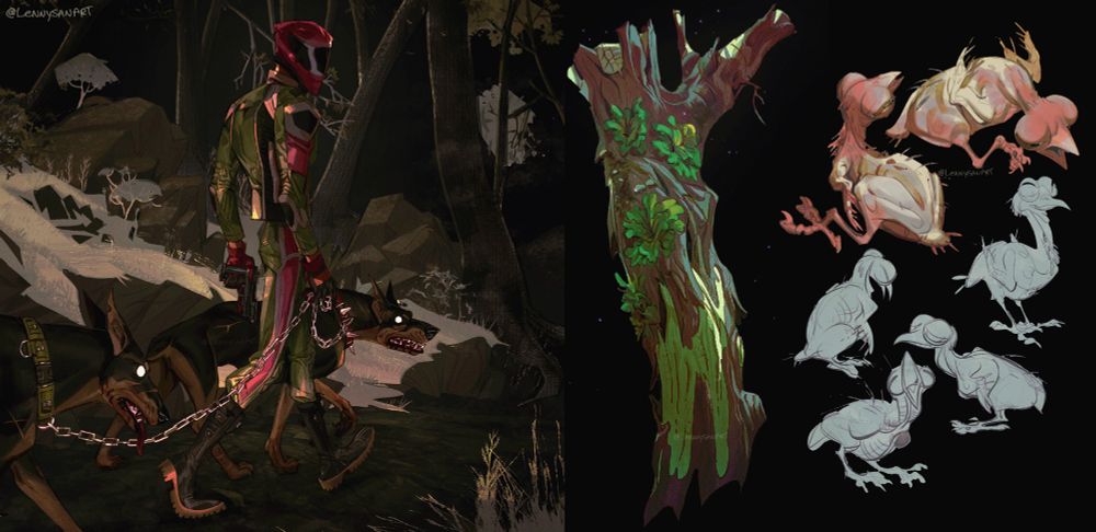 3 Illustrations, left with the same  motorcycle guy with his dogs, middle is a tree, right is a bunch of chicken doodles lol