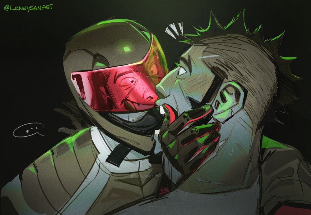 2023 art of the same two men The Biker is leaning heavily into the bearded man inspecting his teeth, upclose portrait style