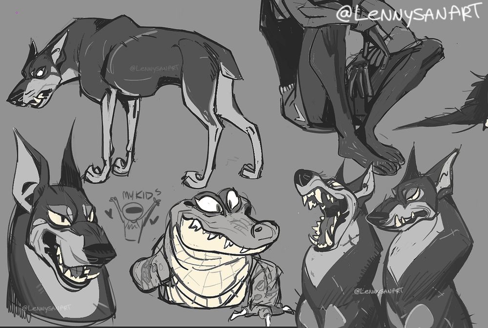 various doodles of dobermans and one gator