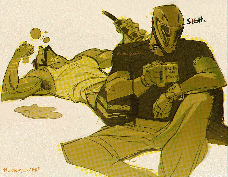 2023 art of the same two men lounging on the floor, the bearded man is passed out from drinking while the Biker is sighing in front of him, holding his own mug.