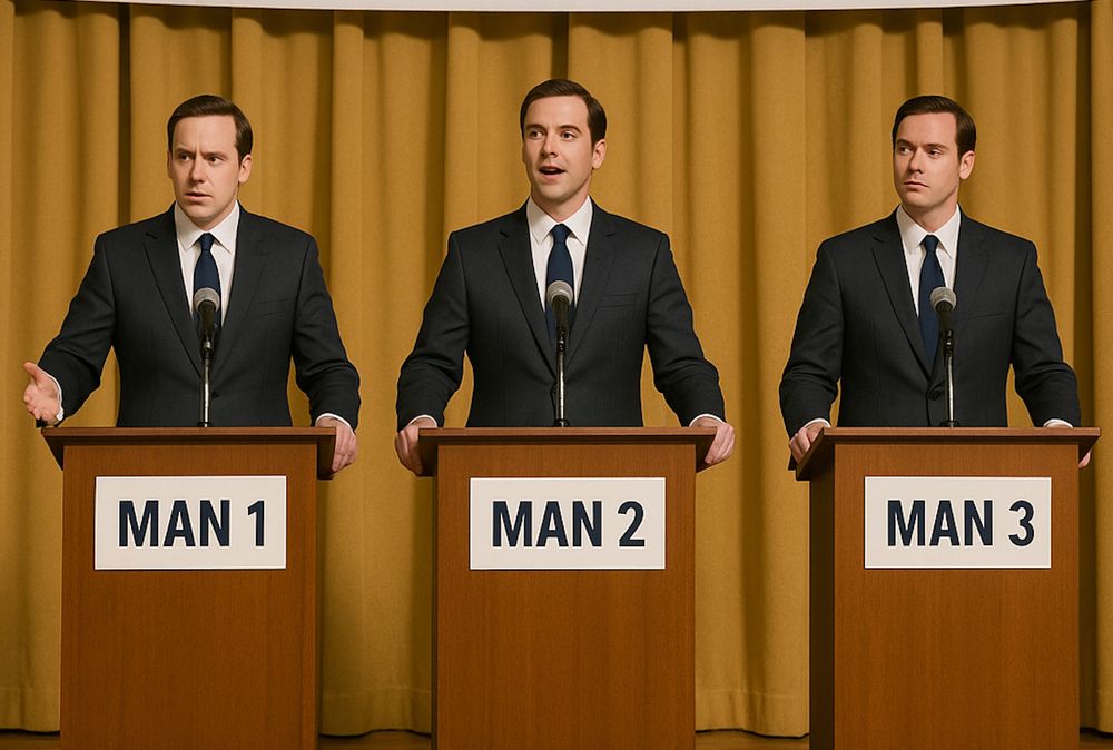 Three stages, each have a man. 