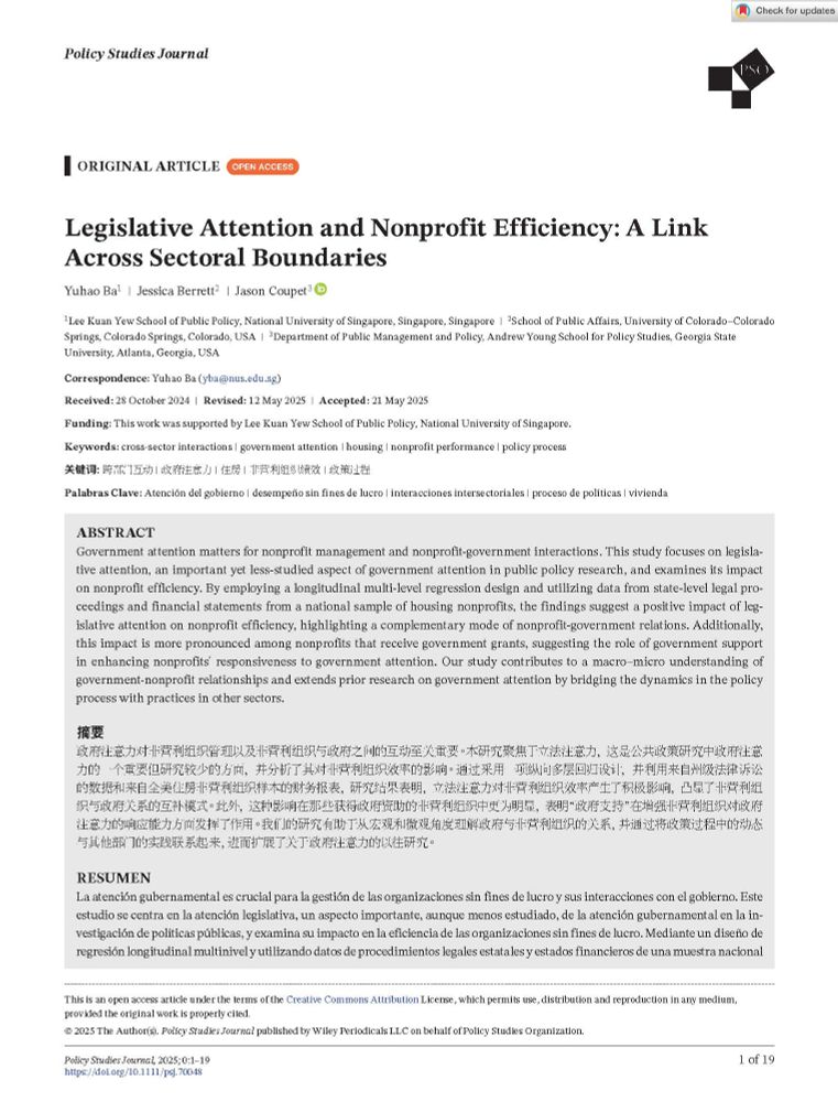 This is a screenshot of the title and abstract of the article. The title is "Legislative Attention and Nonprofit Efficiency: A Link Across Sectoral Boundaries" by Yuhao Ba, Jessica Berrett, and Jason Coupet. 