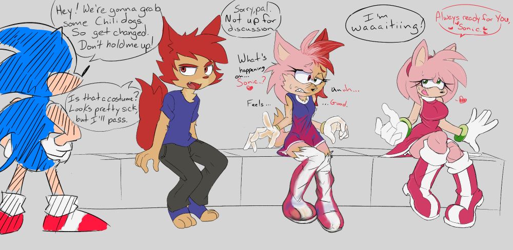 Sonic invites Mein to a chili dog date. Mein thinking it's someone in a costume refuses the invitation. Sonic says it's not up for discussion leading to Mein transforming into Amy. "Always ready for YOU, Sonic. <3"