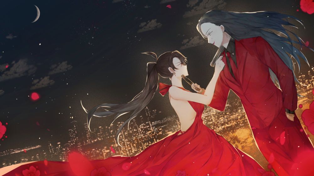 ชายหญิงในชุดสีแดงกำลังใช้ปืนจ่อลำคอของกันและกัน
เส้นผมของพวกเขาปลิวไสวพร้อมกลีบดอกเหมยเพราะสายลม
เบื้องหลังเป็นบ้านเมืองที่ส่องประกายยามค่ำคืน