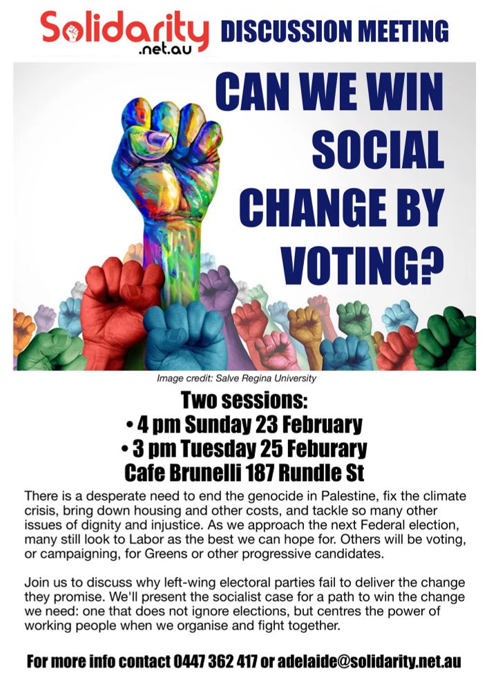 A poster for a meeting with the details in the main post, featuring an image of a group of multicoloured fists raised in protest.