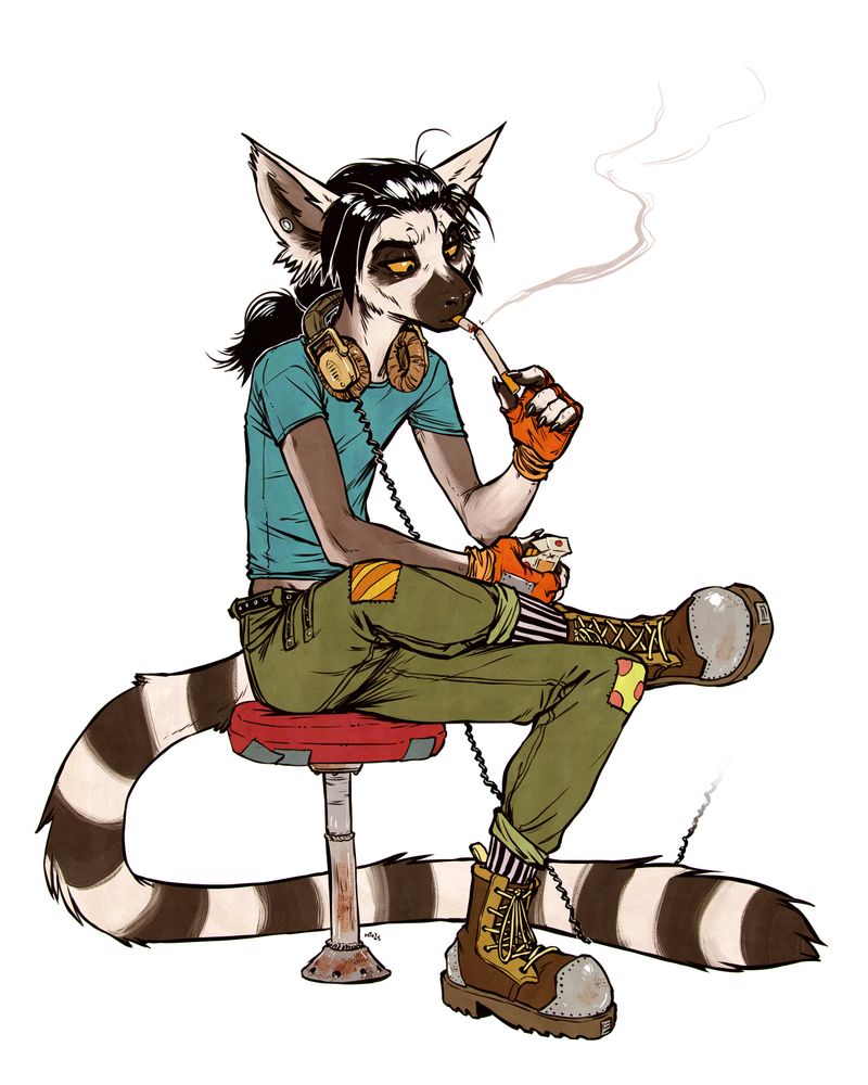 An illustration of an anthropomorphic ring-tailed lemur (Harlan).  He is sitting on a bench and lighting one cigarette off the butt of another.