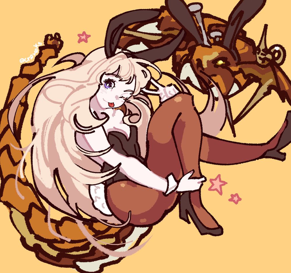 cagliostro from granblue fantasy in a bunny girl suit along with ouroboros wearing a bunny ears headband (remake)