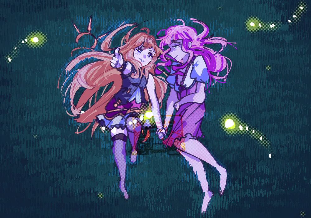 (granblue fantasy) cagliostro and the captain (my oc) lying down on grass at night stargazing, cagliostro pointing at the sky as she holds the hand of a lovestruck captain that stares at her as she speaks