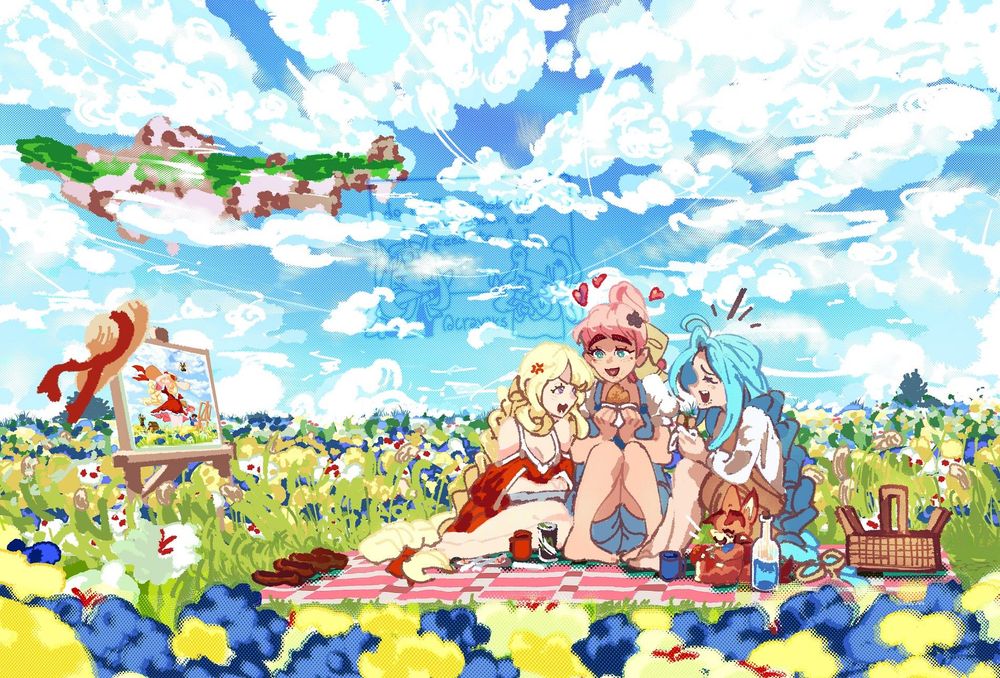 (granblue fantasy) cagliostro, the captain (my oc), lyria and vyrn having a picnic in the middle of a field of flowers during a sunny day