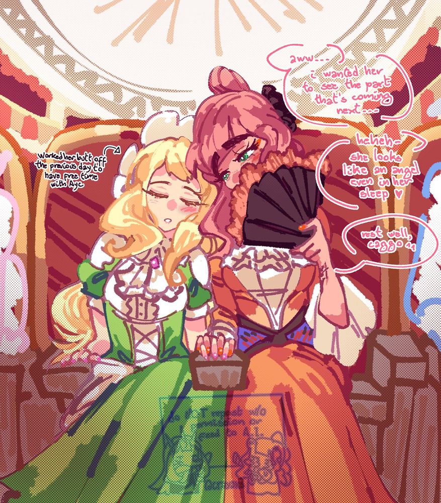 (granblue fantasy) cagliostro and the captain (my oc) in a victorian era-like theater watching a stage play, cagliostro wearing a green sunny dress with short sleeves while the captain wears an orange one with longer sleeves as she holds a hand fan. cagliostro falls asleep on her seat as the captain looks at her lovingly