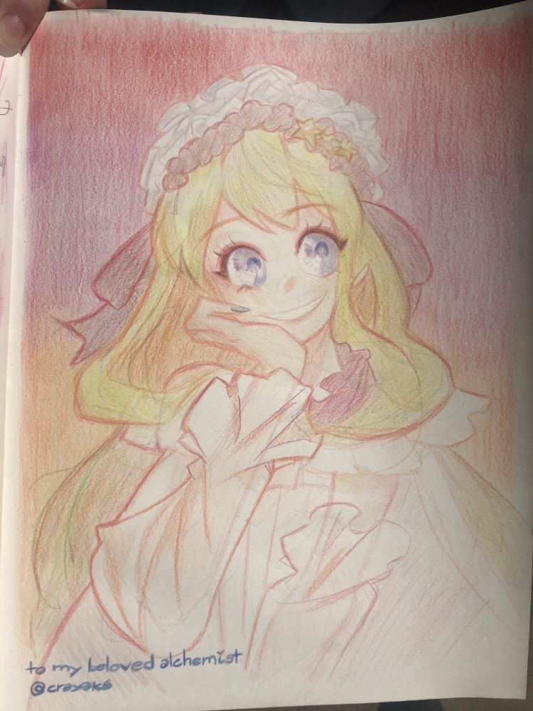 Cagliostro drawn on paper. she's smiling with a hand on her cheek. the writing says "to my beloved alchemist" signed by @crayaks