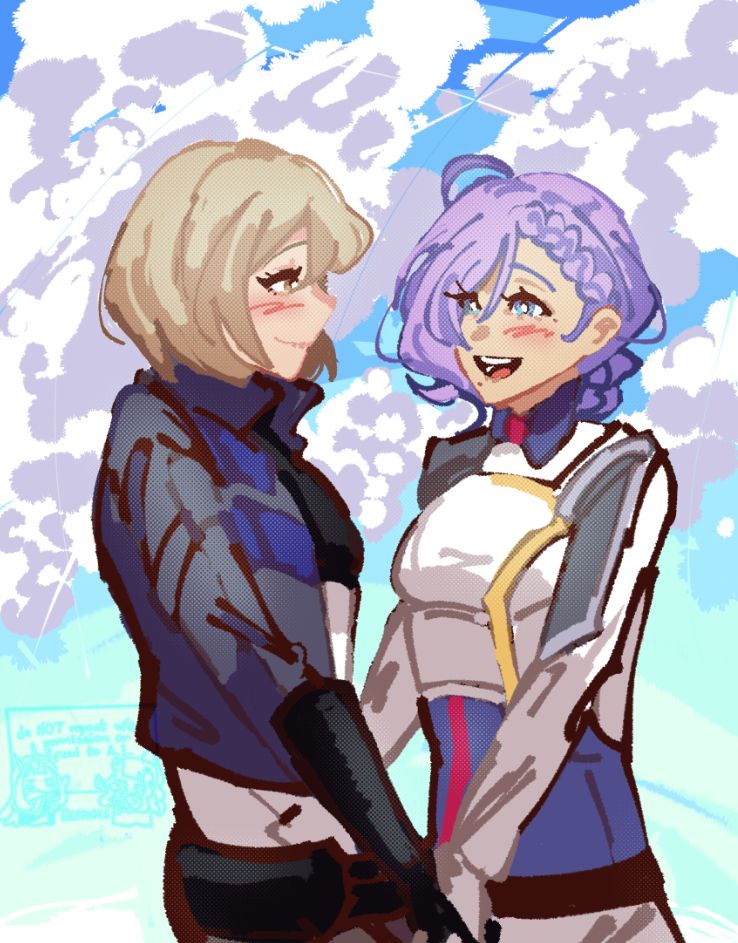 (xenoblade chronicles x) irina and spica (spica's self-insert avatar!) holding hands and smiling with a blue cloudy sky in the background