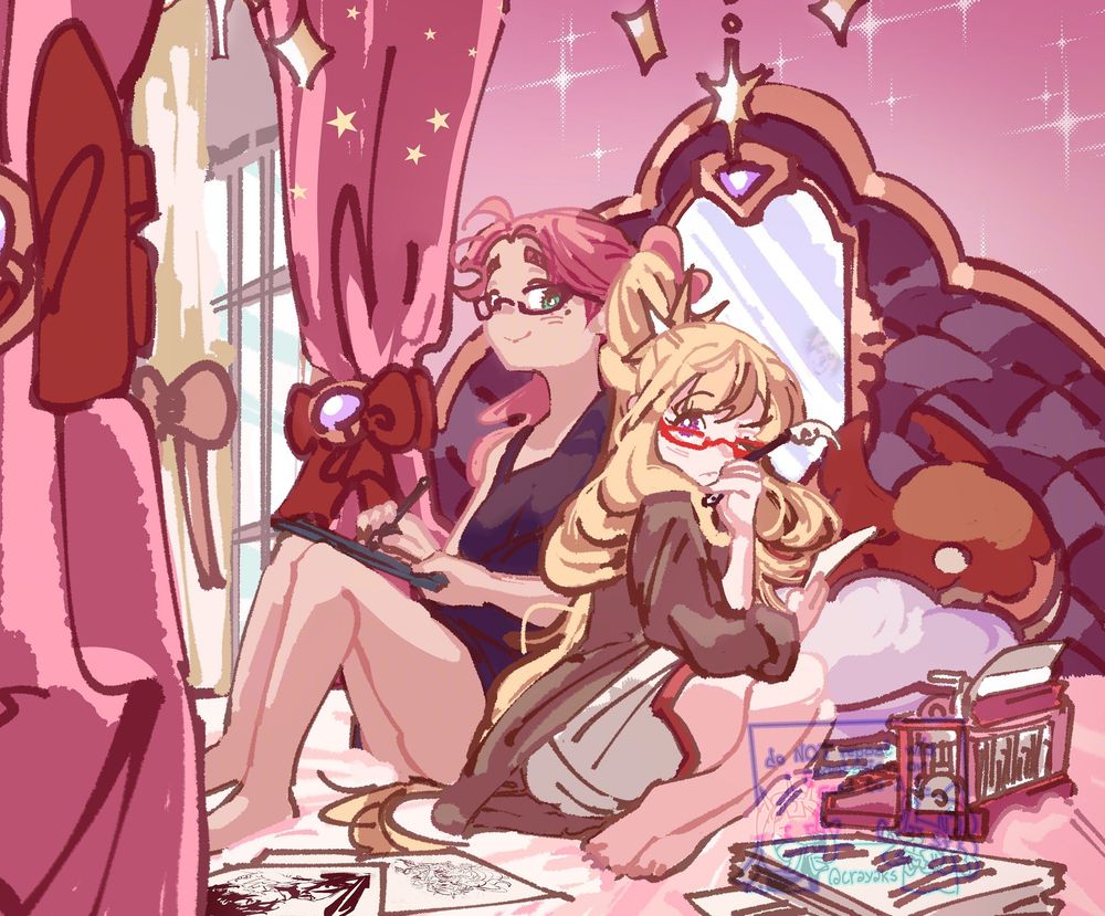 (granblue fantasy) the captain (my oc) drawing on a clipboard while cagliostro seems deep in thought as to what to write into her typewriter, holding a sheet of paper and pen, both surrounded by sheets with drawings or writing in cagliostro's bedroom