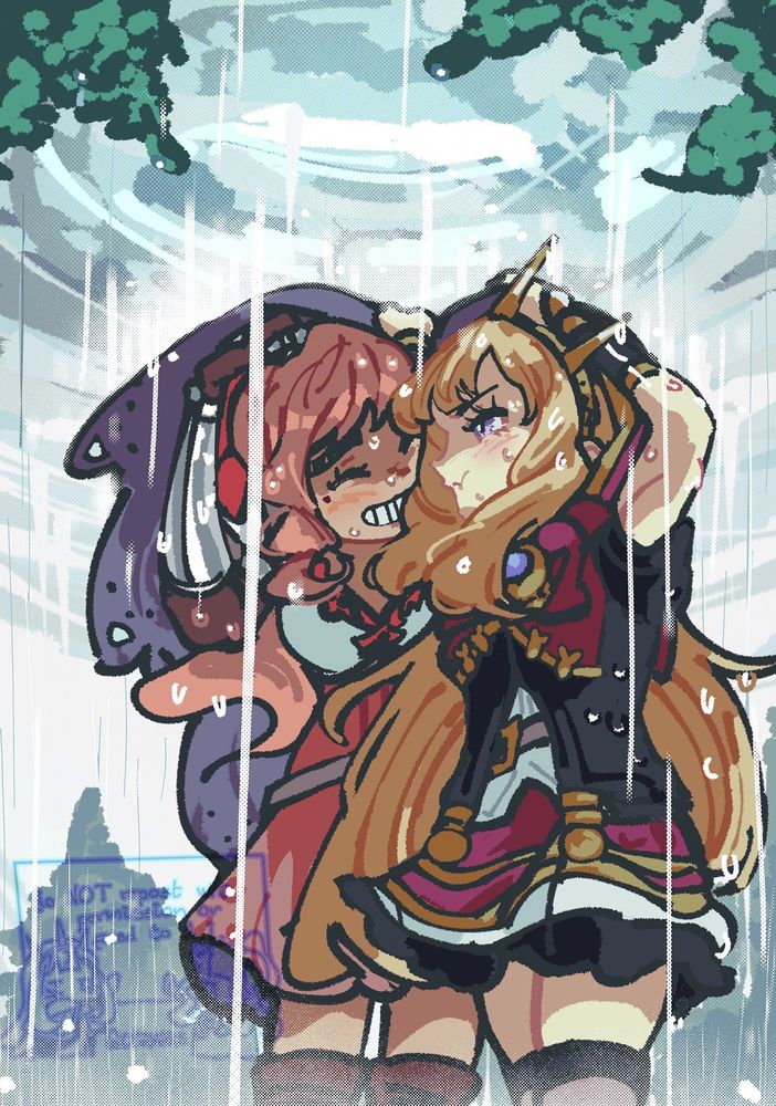 (granblue fantasy) cagliostro and the captain (my oc) covering themselves under cagliostro's cape/cloak from the rain as they walk for a place to stay till weather changes, the captain smiling cheekily to a pouting cagliostro