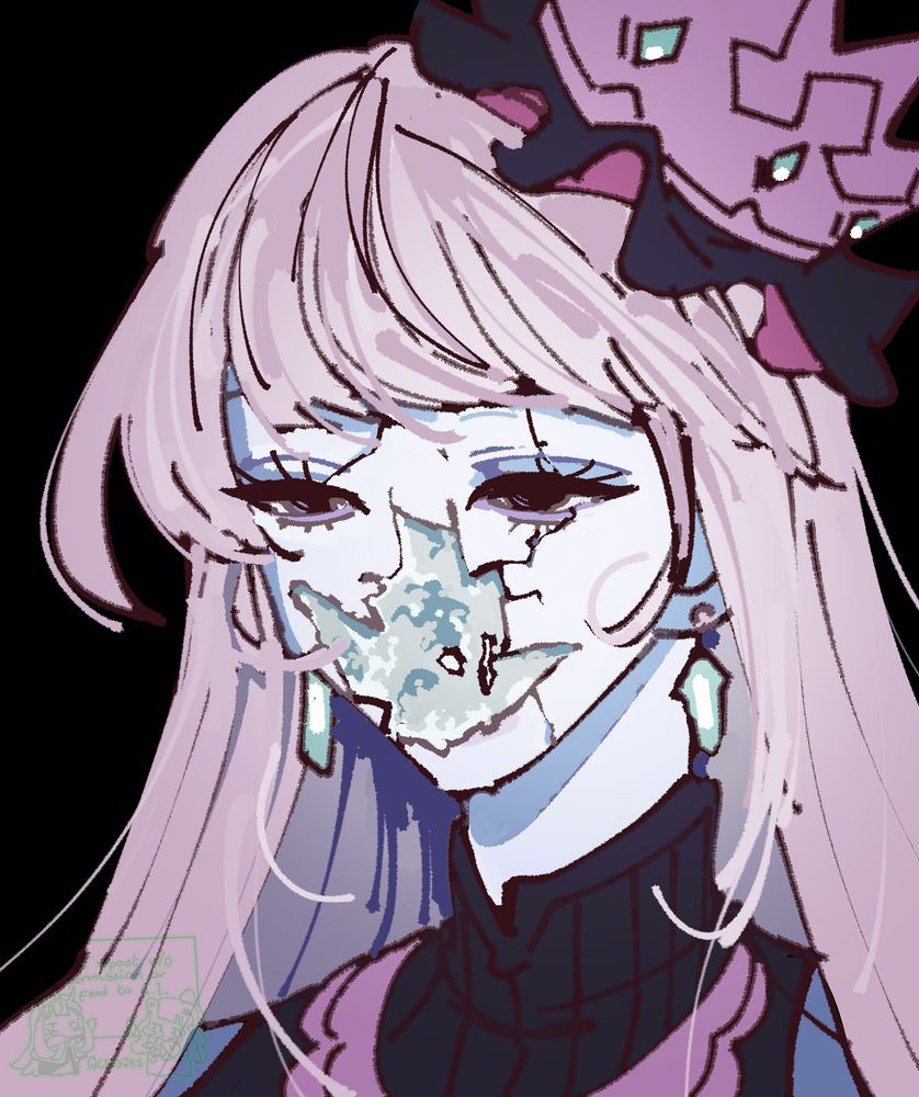 (granblue fantasy) cagliostro's taller body/design as a mannequin, her face crackled
based on the broken doll trend, as in the cover art for the song "Angel" by NewDad 