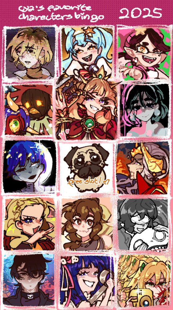 from left to right, top to bottom: Heather Mason (Silent Hill 3), Hoshikawa Lily (Zombieland Saga), Callie/Agent 1 (Splatoon), Skull Kid (Legend of Zelda: Majora's Mask), CAGLIOSTRO (Granblue Fantasy), Sua (Alien Stage), Phosphophyllite (Land of the Lustrous), Nina!!! (my baby 7 year old pug), Edelgard von Hresvelg (Fire Emblem: Three Houses), Kiryuu Nanami (Revolutionary Girl Utena), Delthea (Fire Emblem Echoes: Shadows of Valentia), Emil (Nier Replicant/Gestalt), Yoo Joonghyuk (Omniscient Reader's Viewpoint), Furudo Erika (Umineko: When They Cry), Daiba Nana (Revue Starlight).