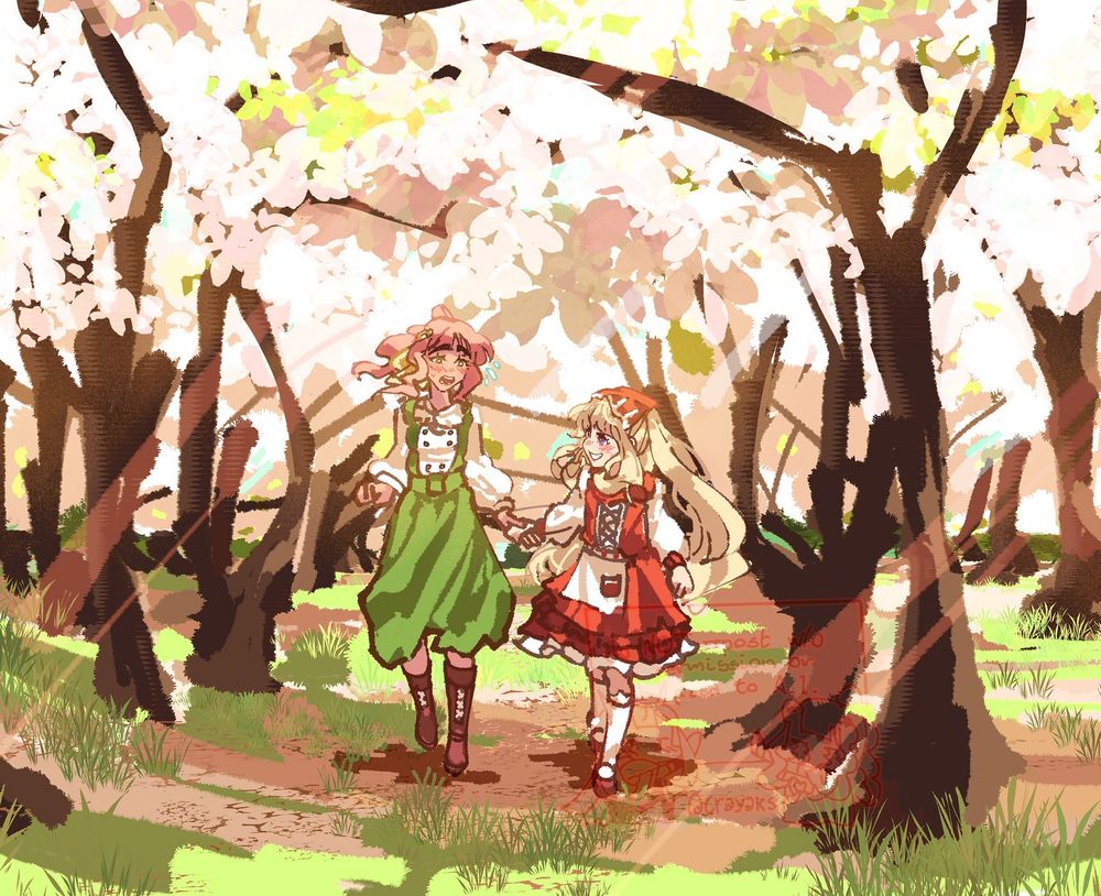 (granblue fantasy) cagliostro in a red and white dress wearing a mischievous smile as she blushes and pulls the captain (my oc) who wears a green and white dress by the hand, the two walking down a path covered by cherry blossom trees during the day, the captain surprised and confused as she's dragged by cagliostro 