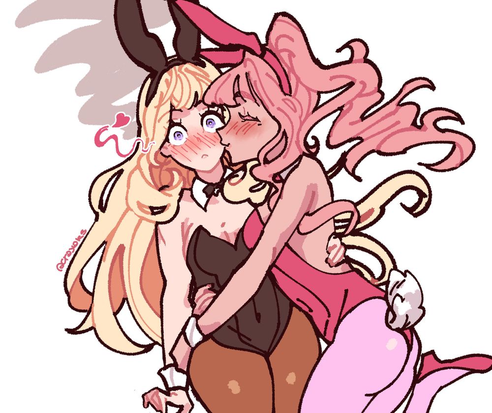 (granblue fantasy) cagliostro and the captain (my oc) in bunny girl outfits, a flustered and stunned cagliostro being kissed on the cheek by the captain who's embracing her; this piece is a remake of the other image