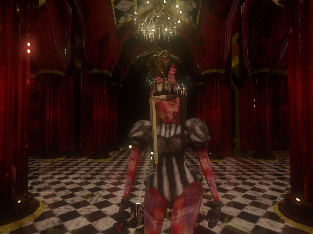An in game screenshot from BloodGuilt Vita of a low poly monster model referred to as the Red Queen inspired by the queen of hearts. Her head is a human heart with a yellow eye with a red iris to the right. She has long blonde and black split hair with v bangs, a shiny metallic spiky crown, a reflective black and white sword with a crystal heart handle, black gloves, and a black and white vertically striped body suit with short puffy black sleeves. Her body is red with blue veins made of the same material as a human heart. She’s standing in a sparkling deep red castle corridor with reflective gold accents, shiny black and white tiles, and a golden glowing chandelier with a golden heart sculpture hung by golden beads from the chandelier.
