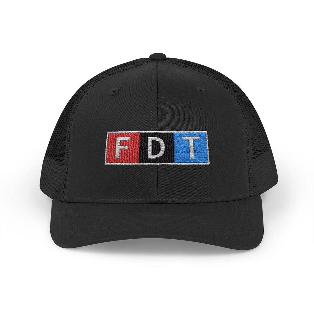 Black trucker hat with FDT written on it in the style of the NPR logo — three adjacent boxes, one red, one black, and one blue. Each with white text in it spelling "FDT" which stands for Fuck Donald Trump.

#resist #resistance #protest #fucktrump #antioligarch #fightoligarchy #teslatakedown #nokings #demcast #signalboost #signalgate #bluecrew