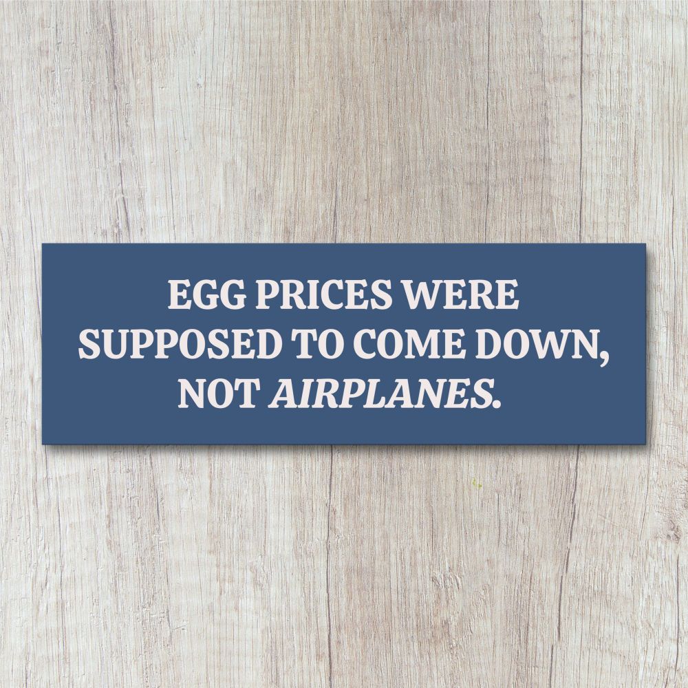 Magnetic Bumper Sticker saying "Egg Prices Were Supposed To Come Down, Not Airplanes."

#resist #resistance #protest