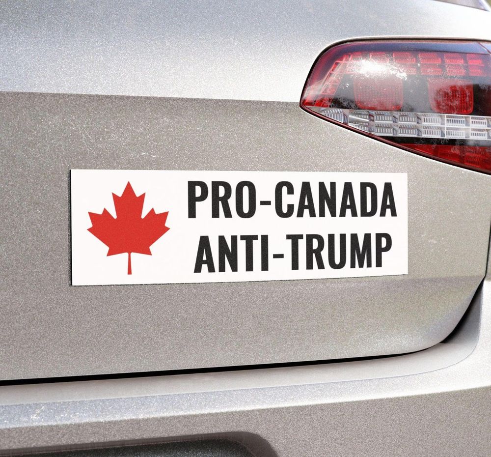 White bumper magnet with a red maple leaf and black text saying Pro-Canada Anti-Trump

#resist #resistance #protest
